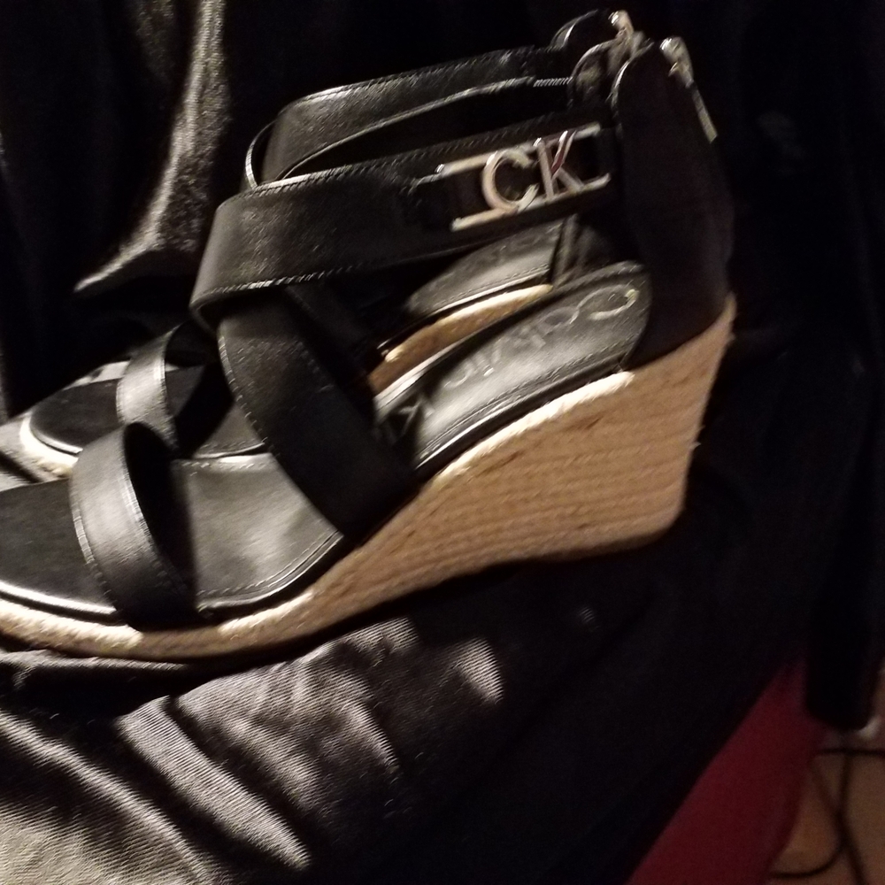 Calvin Klein Black and Tan Wedge Sandals